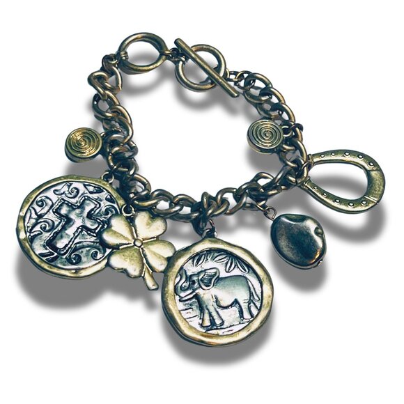 Lucky Charms Toggle Elephant Cross Stone Horseshoe Shamrock Charm Gold Bracelet - Picture 2 of 3